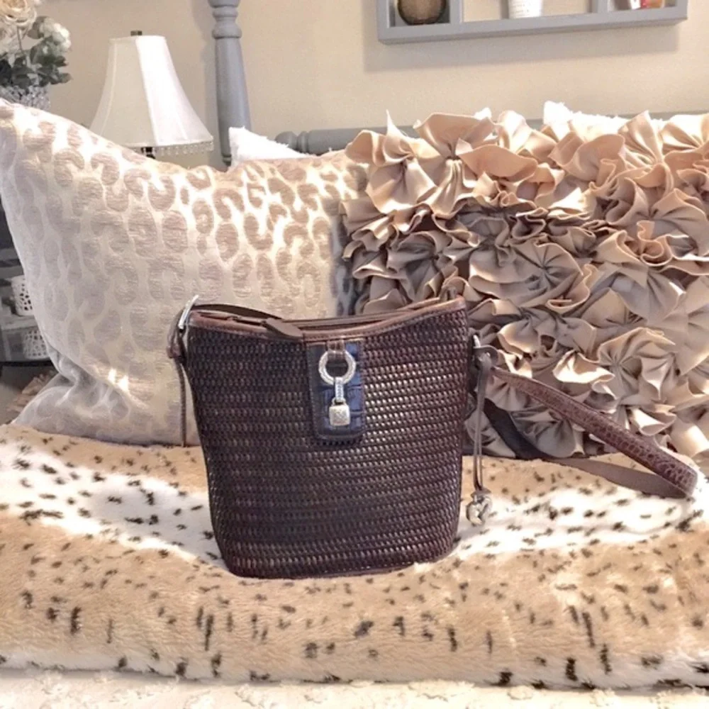 Brighton Vintage Designer Brown Woven Leather Shoulder Bucket Tote Bag Purse